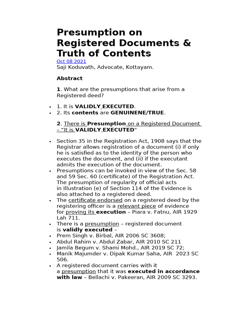 Presumptions in Registered Documents | PDF | Burden Of Proof (Law ...