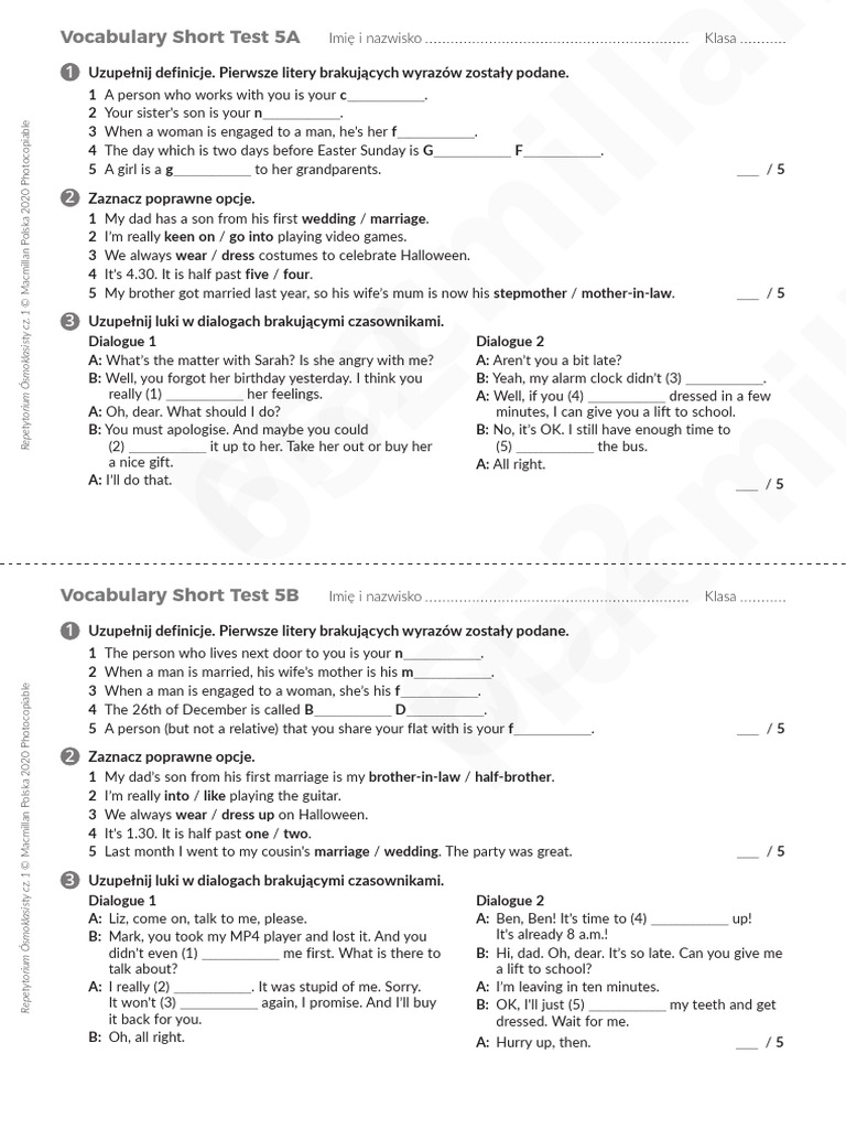 Unit 5 Short Test Vocab A&B | PDF