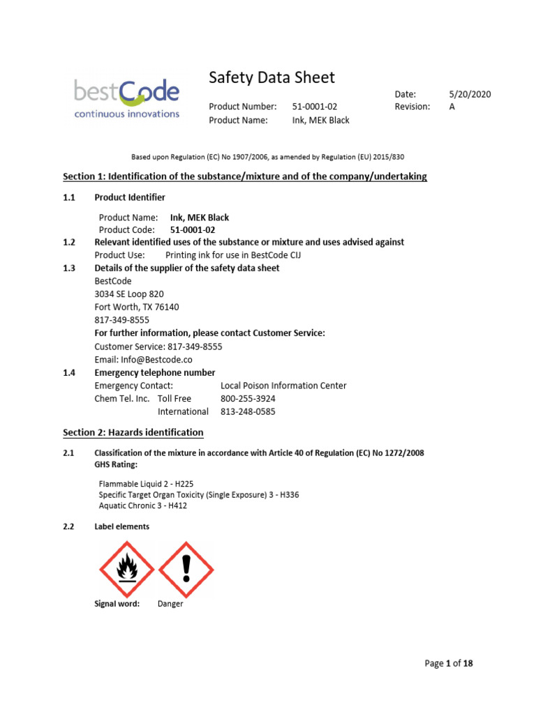 MEK Black Ink Safety Data Sheet | PDF | Toxicity | Safety