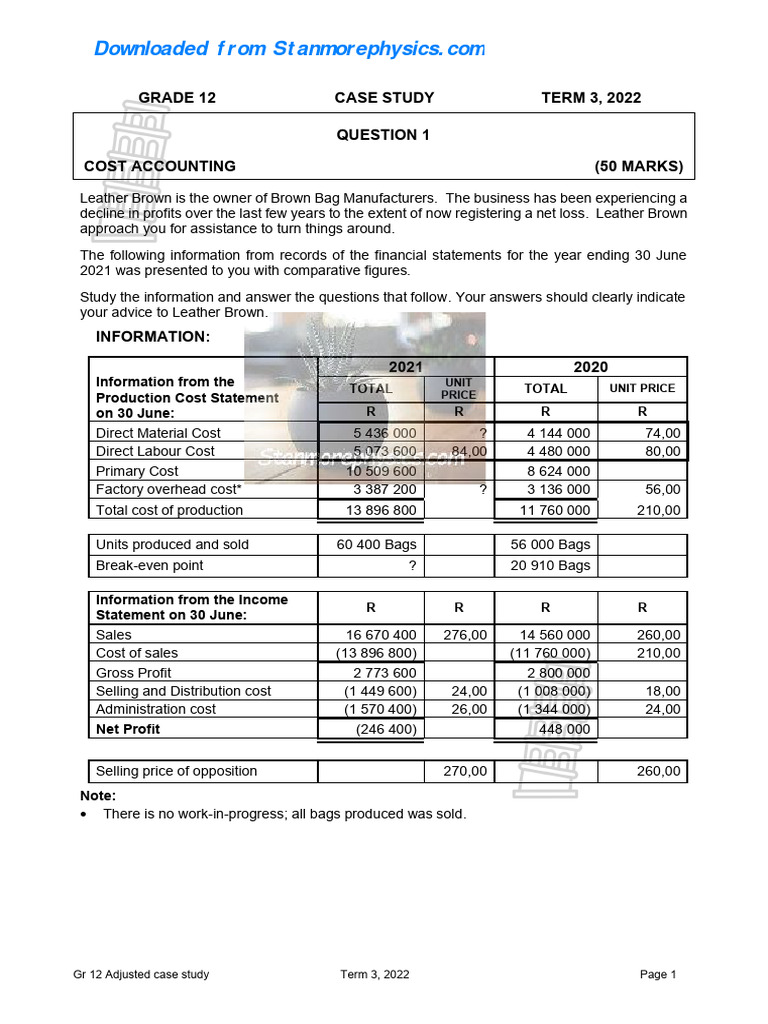 Grade 12 Cost Accounting Case Study | PDF | Cost Of Goods Sold ...