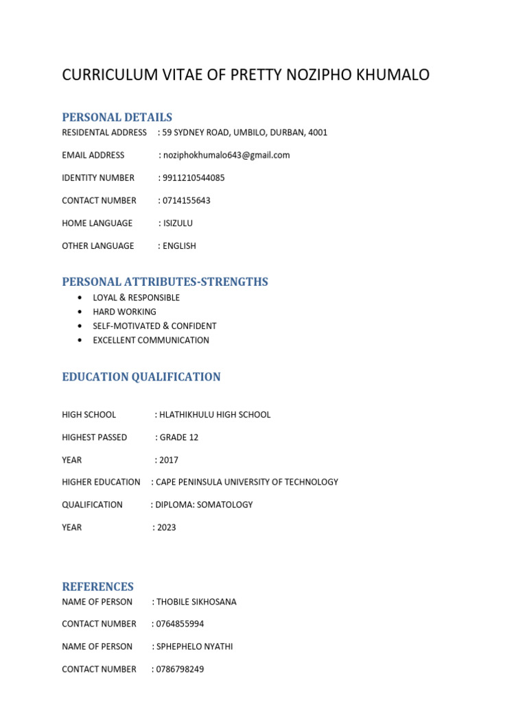 1.Cv of Nozipho Pretty Khumalo 2 | PDF