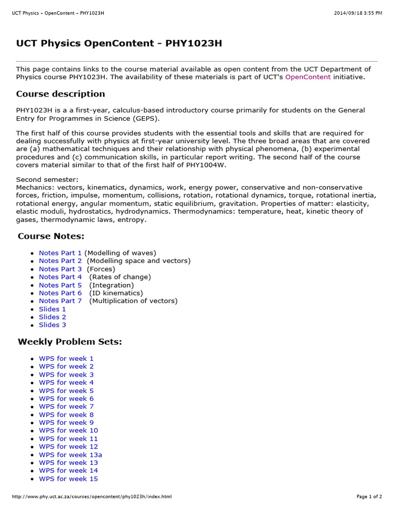 UCT PHY1023H OpenCourse Materials | PDF | Force | Physics
