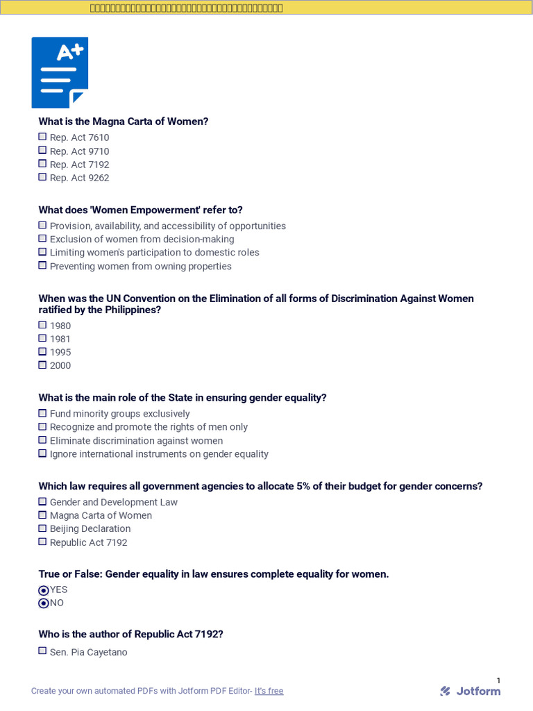Gender and Society Quiz | PDF | Convention On The Elimination Of All ...