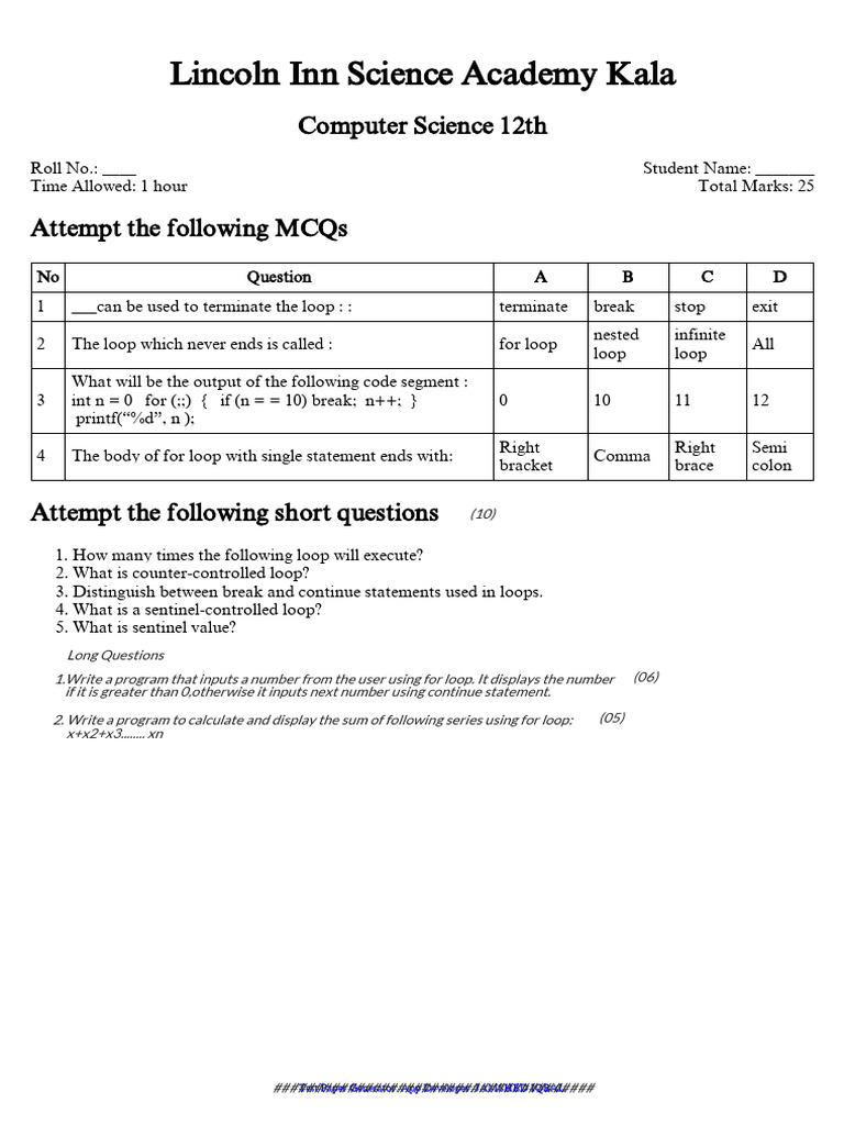 12th Grade Computer Science MCQs | PDF