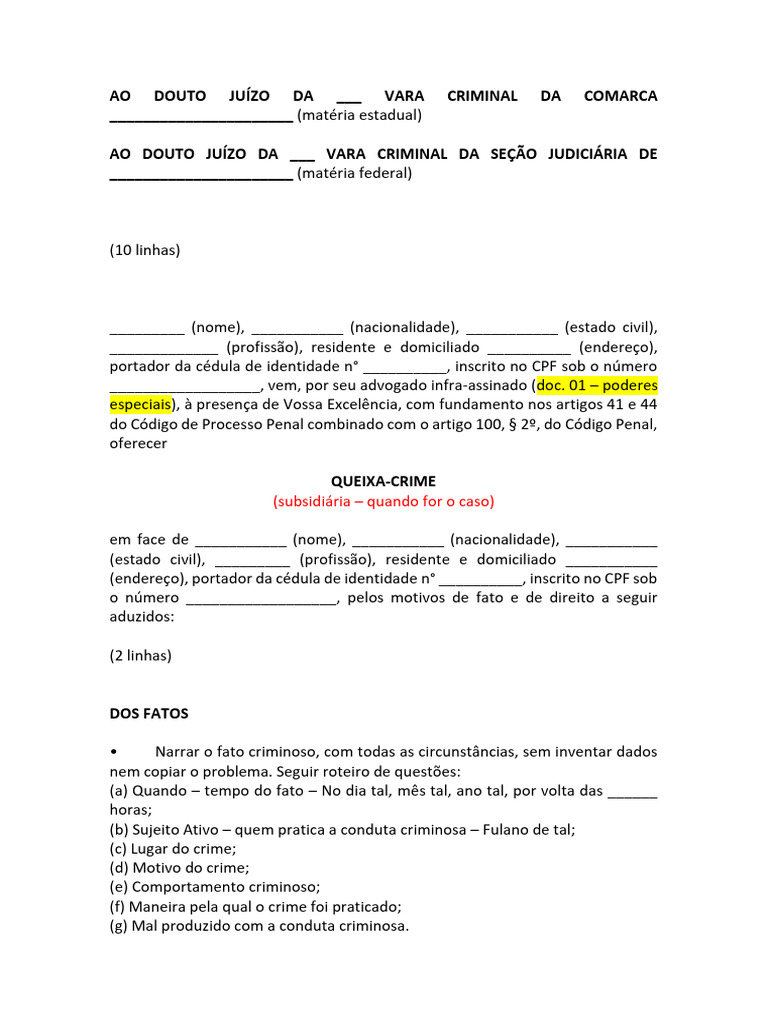Queixa-Crime: Modelo e Estrutura Legal | PDF | Crimes | Crime e Violência