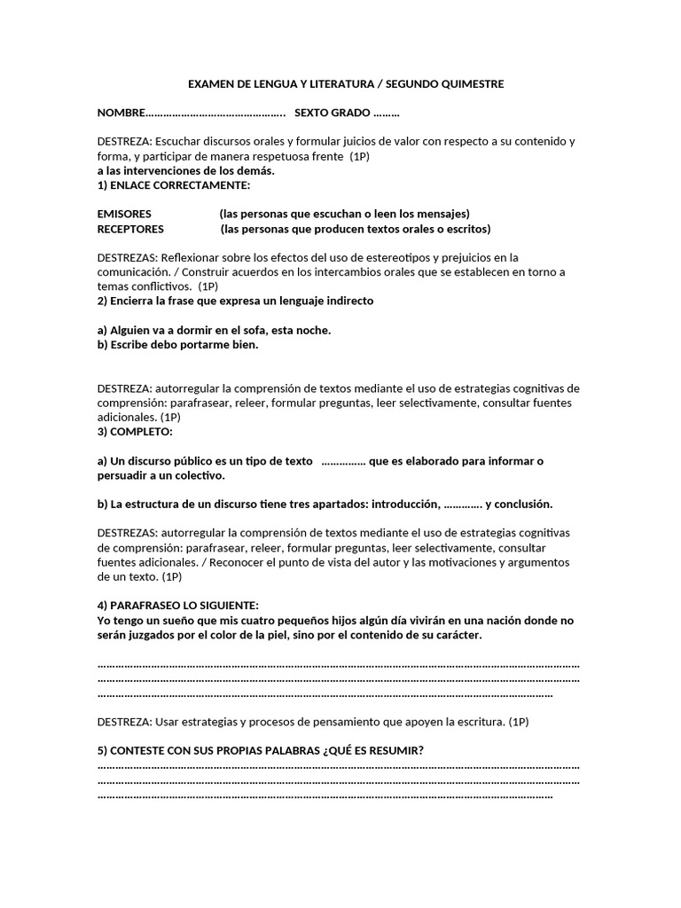 Examen de Lengua y Literatura 6to Grado | PDF | Verbo | Numero Gramatical