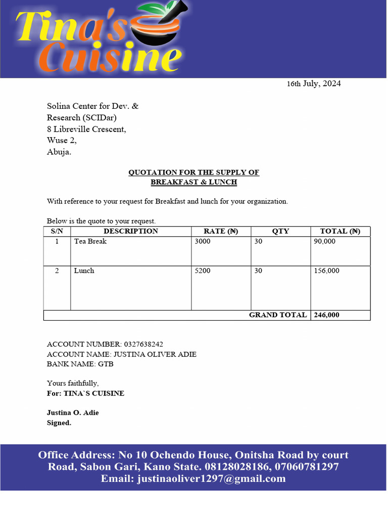 Quotation for Breakfast and Lunch Supply | PDF