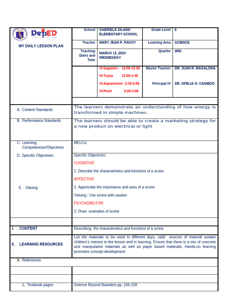 Grade 6 Science Lesson on Screws | PDF | Learning | Machines