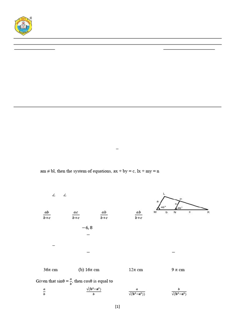 Class X Mathematics Assessment Paper | PDF | Triangle | Defender ...