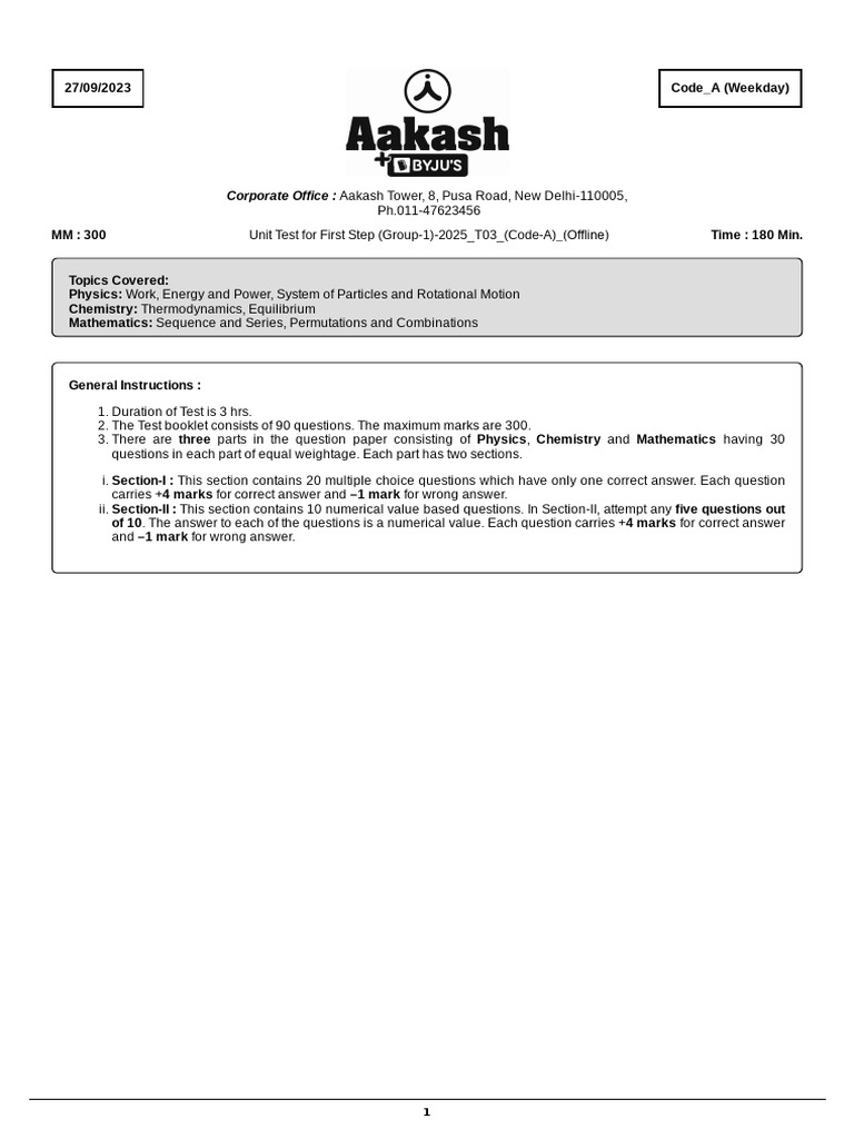 UT 03 FS Gr-1 Code A (27-09-2023) English | PDF | Rotation Around A ...