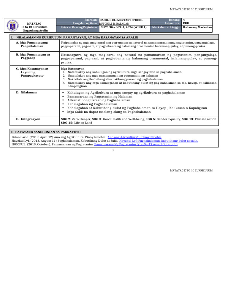 DLL Matatag - Epp 4 Q2 W1 | PDF