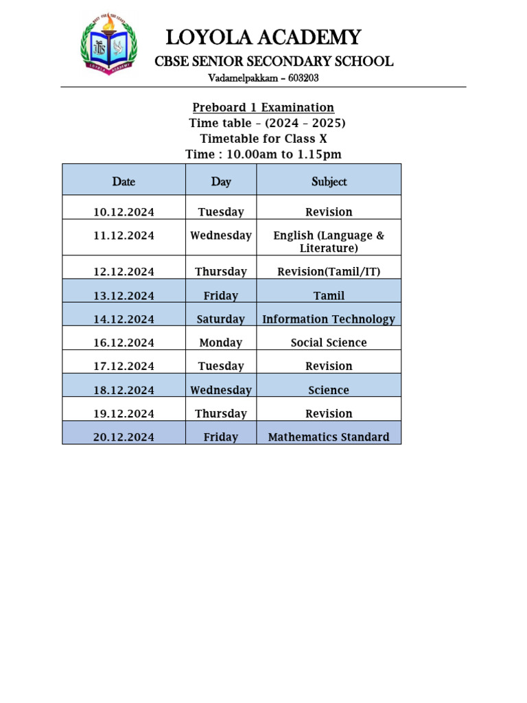 Preboard 1timetable (STD X & XII) | PDF