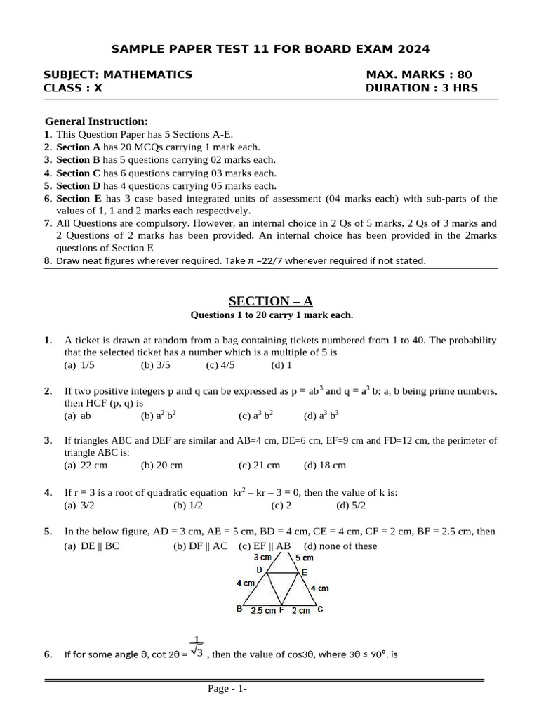 Class 10 Maths Sample Paper 2024 | PDF | Circle | Mathematics