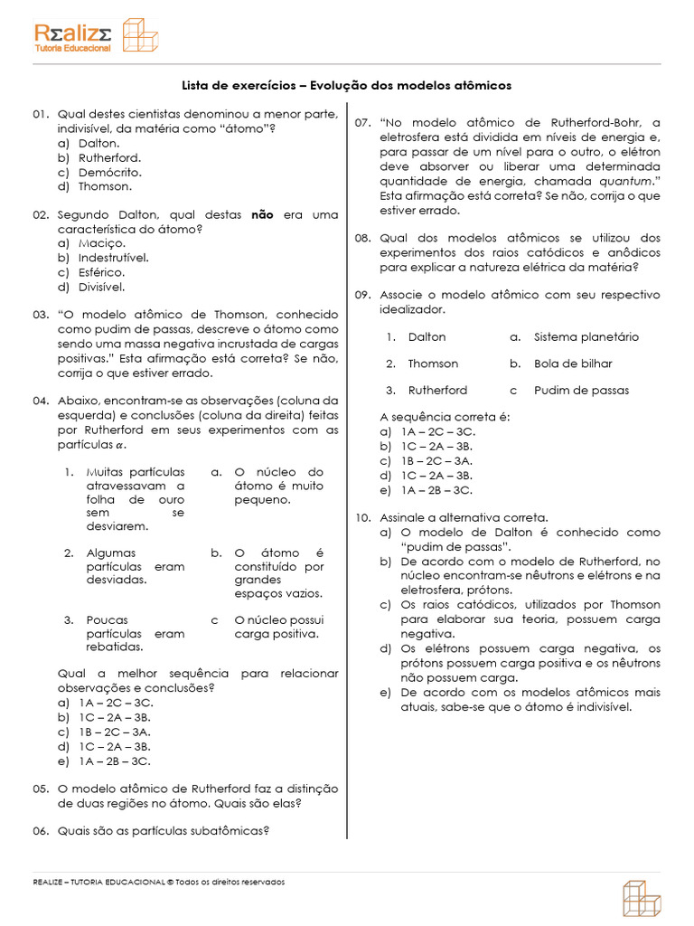 Exercícios sobre Modelos Atômicos | PDF | Próton | Elétron