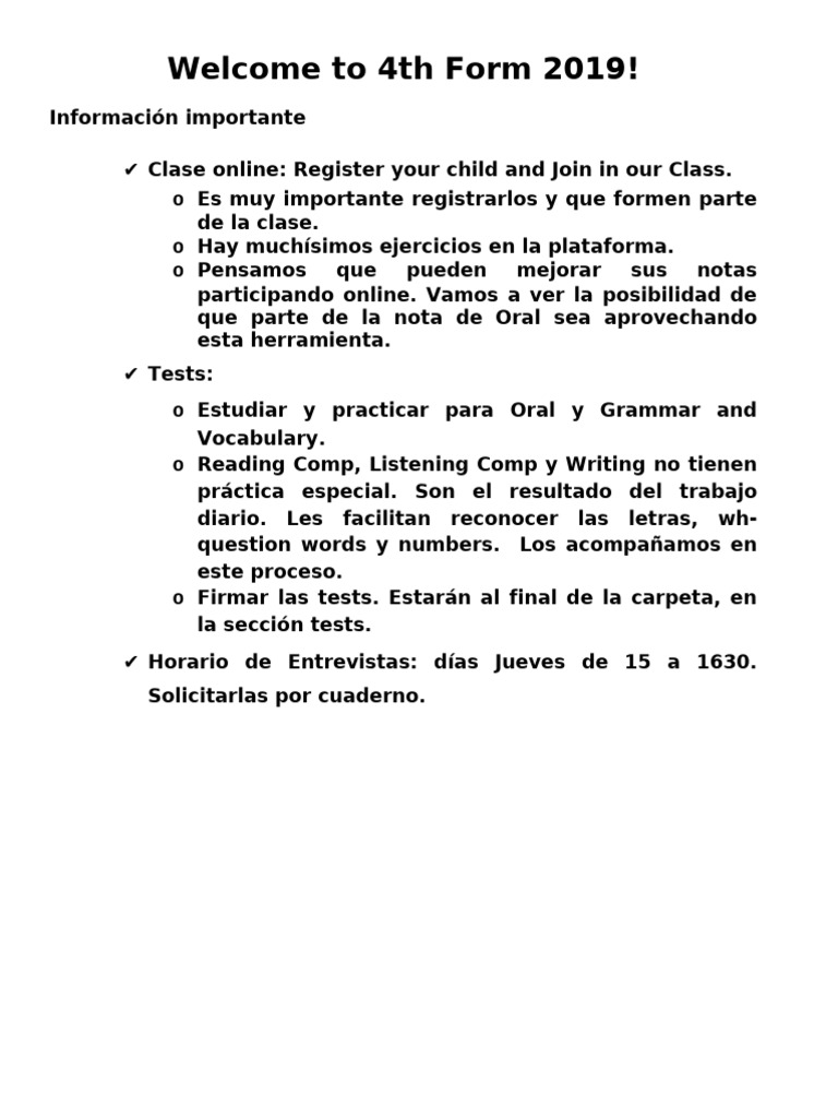 Clases Online y Tests 4th Form 2019 | PDF