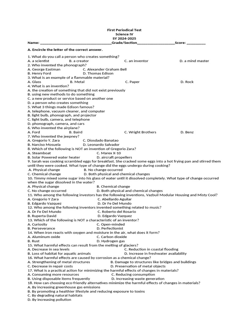 Science IV First Periodical Test 2024-2025 | PDF | Waste | Pollution