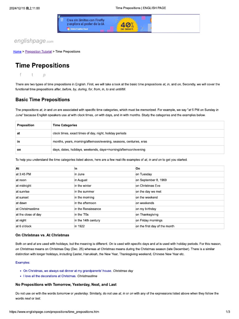 Time Prepositions | PDF