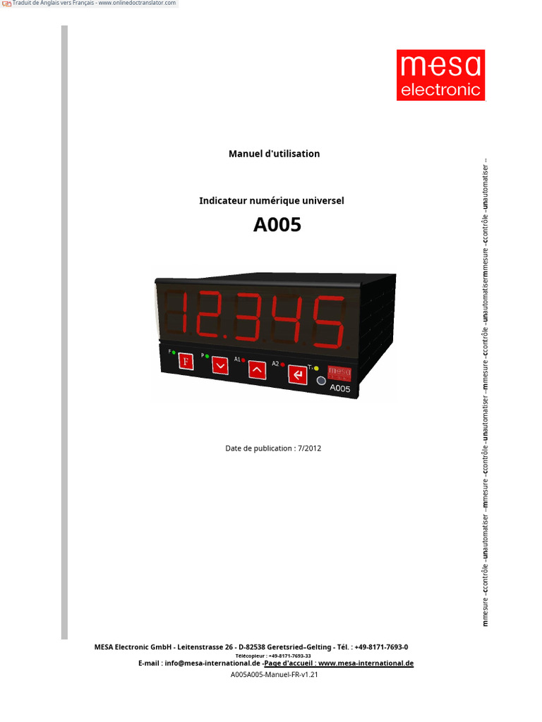Manuel d'utilisation A005 MESA | PDF | Capteur | Thermocouple