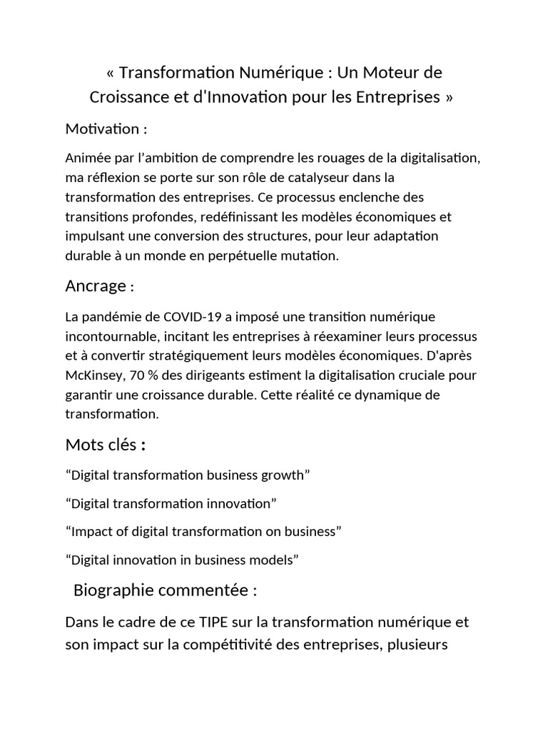 Transformation Numérique : Croissance et Innovation | PDF | Innovation ...