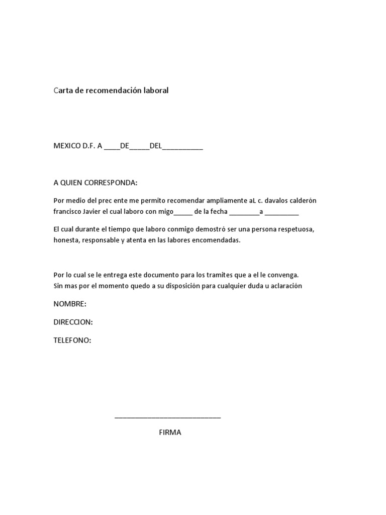 Carta de recomendaci贸n laboral
