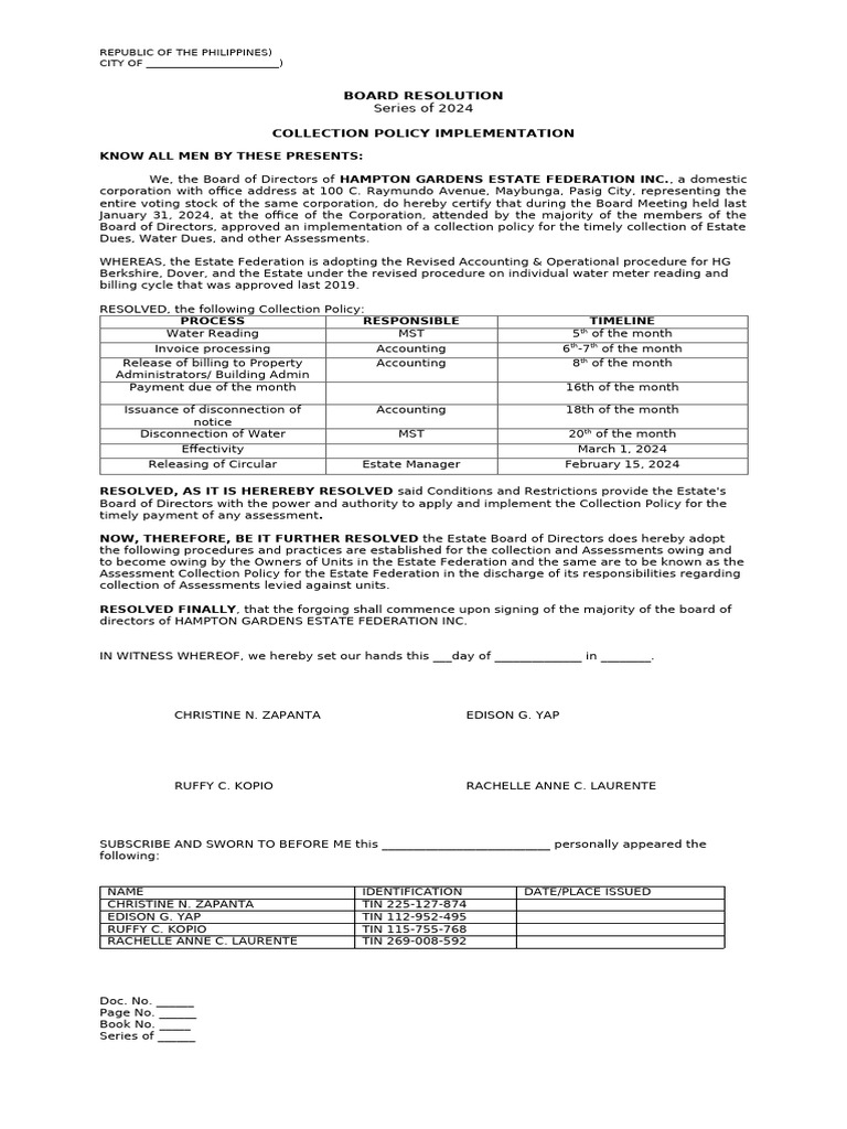 Board Resolution - Collection Policy | PDF
