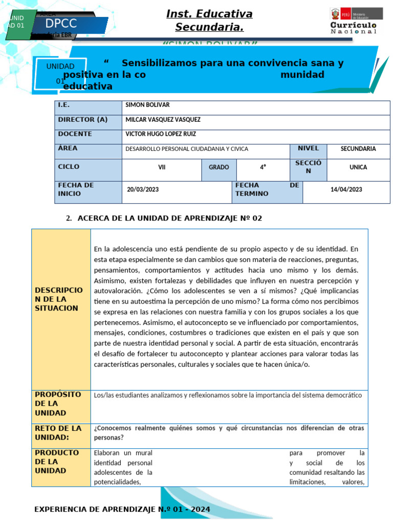Programacion de DPCC 1 de Cuarto | PDF | Aprendizaje | Las emociones