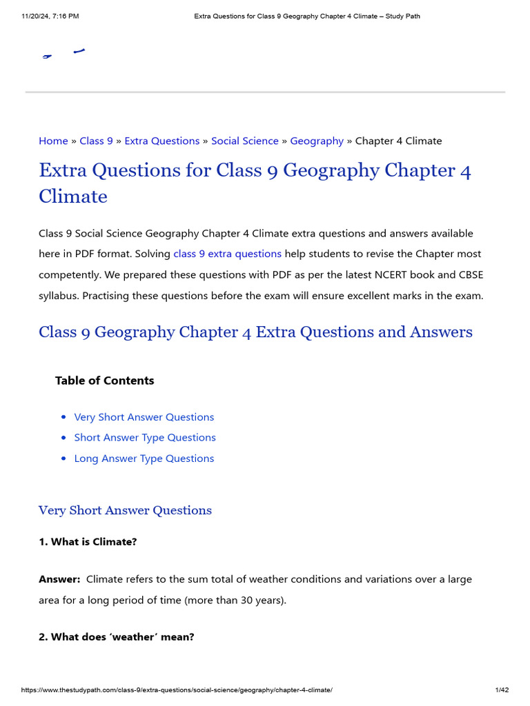 Extra Questions For Class 9 Geography Chapter 4 Climate - Study Path ...
