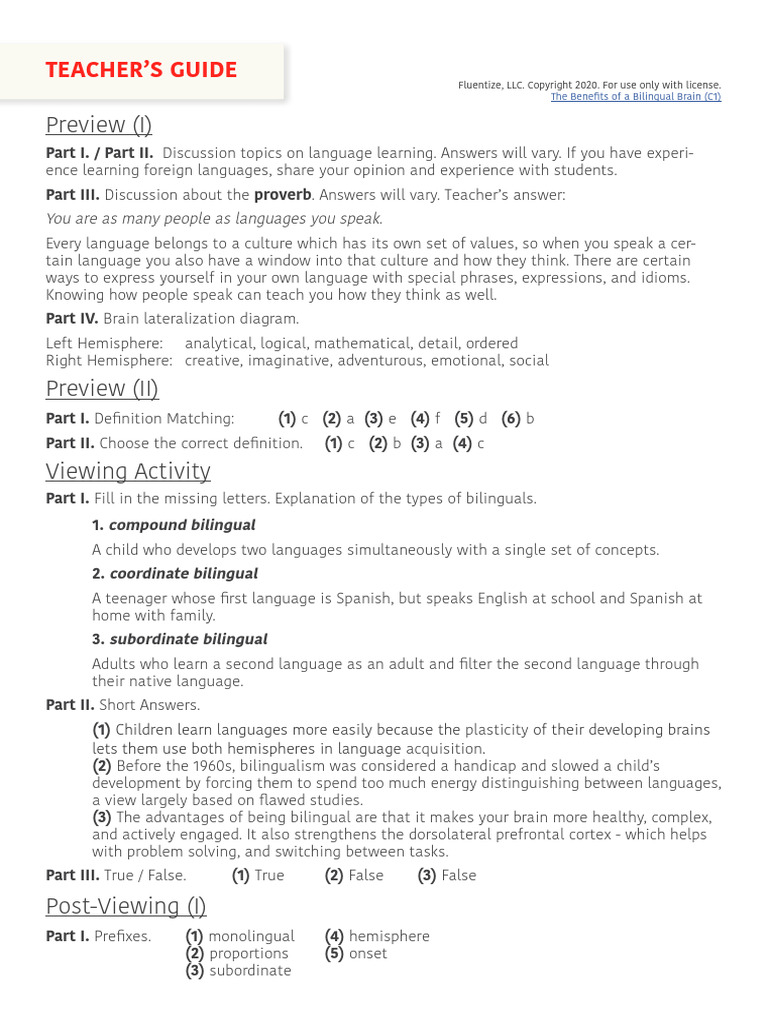Benefits Of A Bilingual Brain Teacherguide Pdf Multilingualism