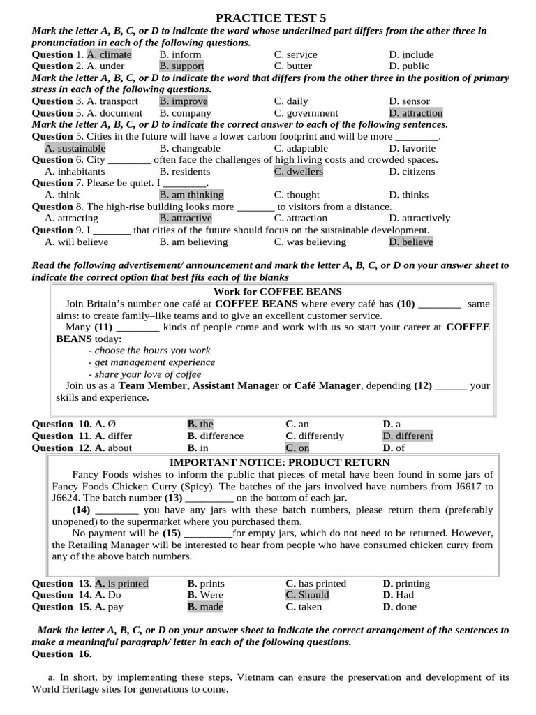 Practice Test 5: Language Skills Assessment | PDF | Vocational ...