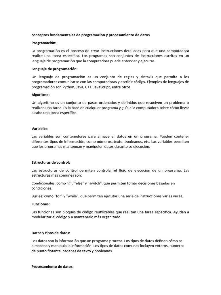 Conceptos Fundamentales de Programacion y Procesamiento de Datos | PDF ...