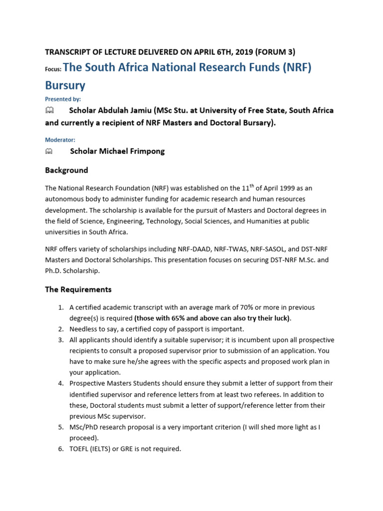 NRF Bursary Application Guide 2019 | PDF | Doctor Of Philosophy | Thesis