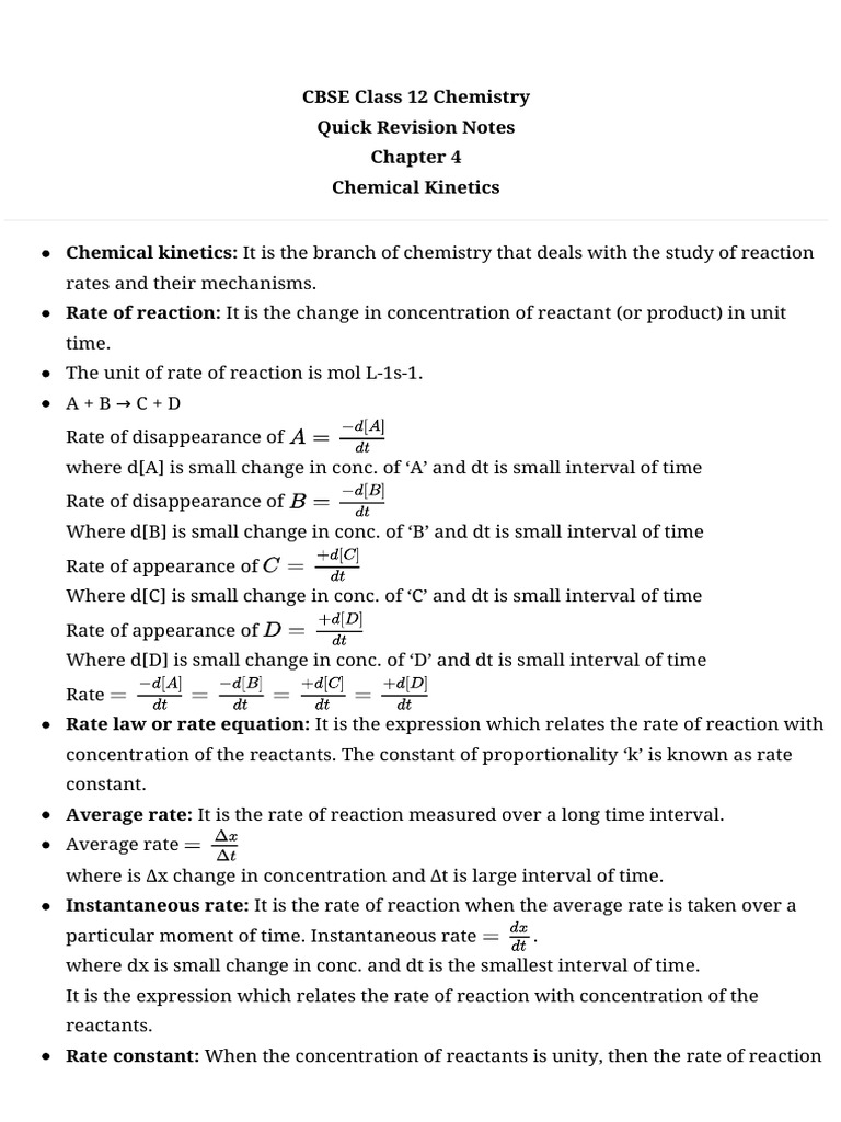 CBSE Class 12 Chemistry: Chemical Kinetics | PDF | Reaction Rate ...