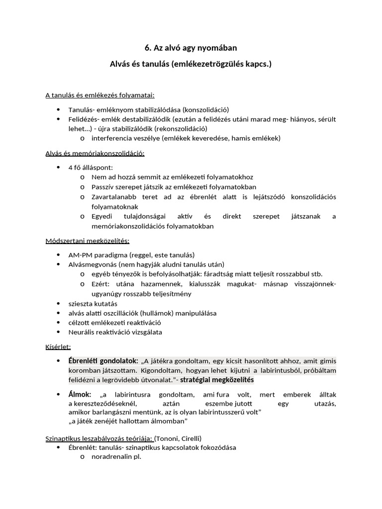 Alvás És Tanulás Jegyzet | PDF