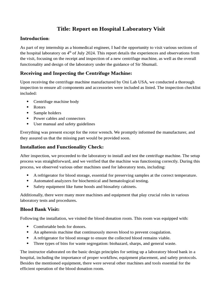 Hospital Laboratory Visit Report | PDF | Histology | Laboratories