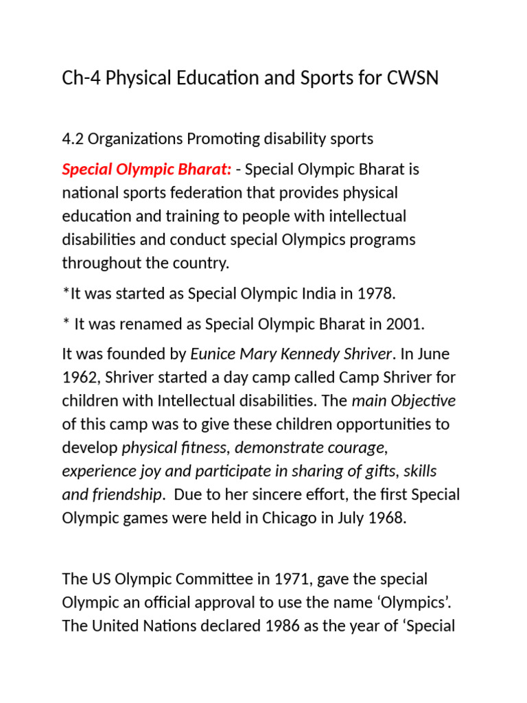CH - 4 Phsical Education and Sports For CWSN GRADE 12 | PDF | Disability