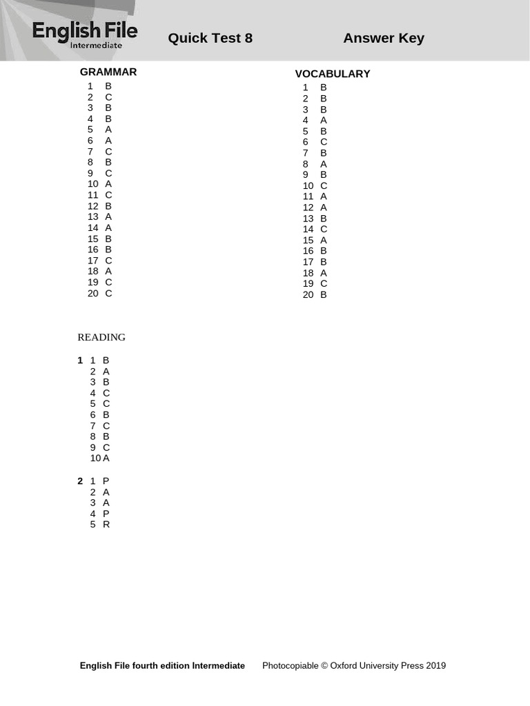 Quick Test 8 Answer Key | PDF
