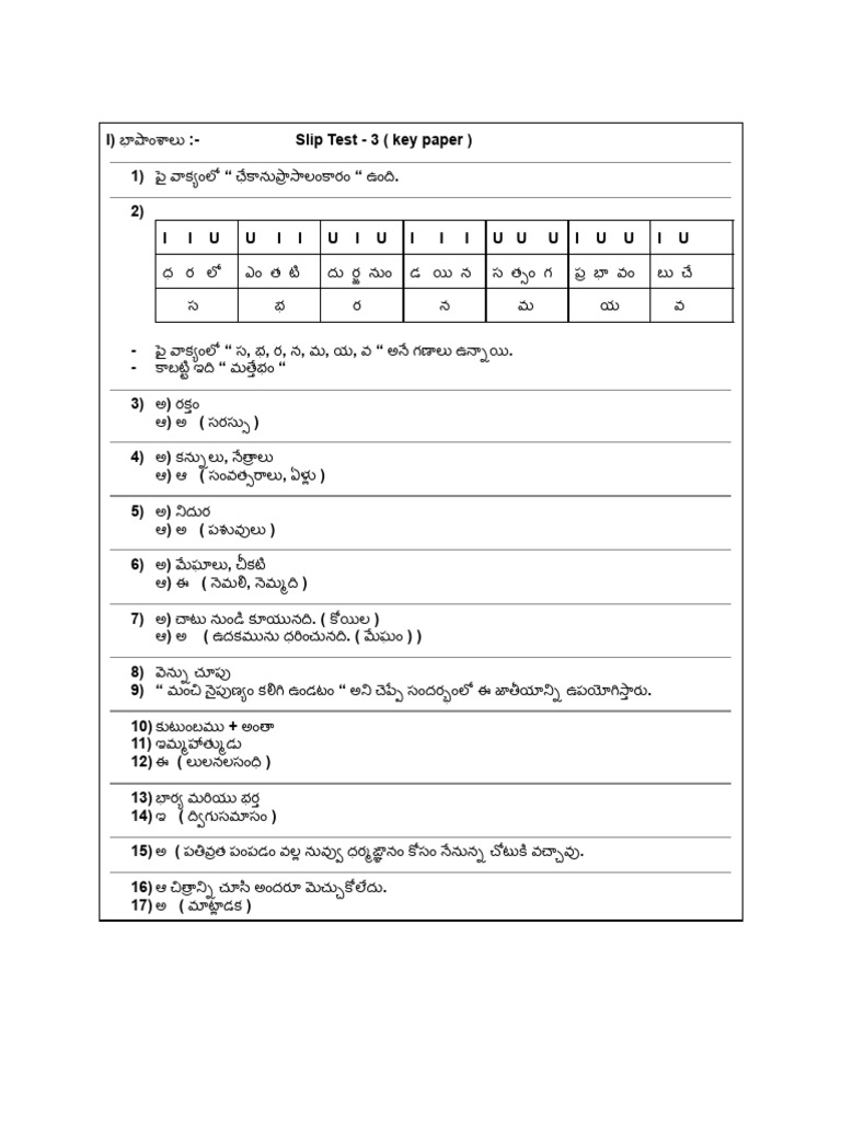 భాషాంశాలు (Slip Test - 3) 10 Class Key Paper | PDF