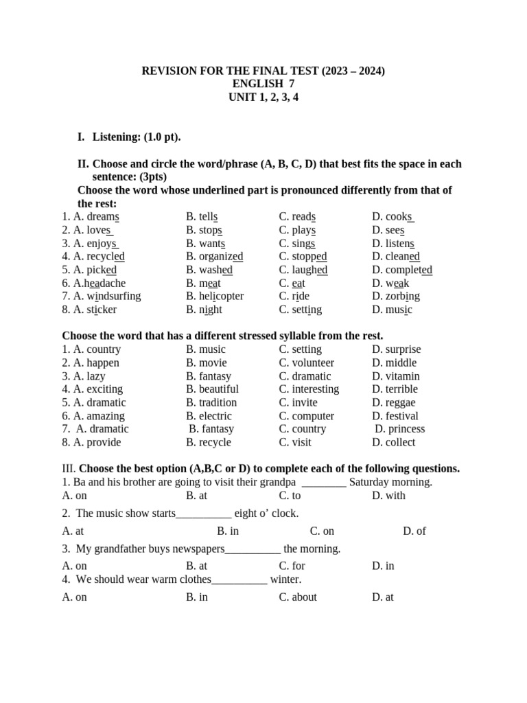 Final Test Revision: English 7 Units 1-4 | PDF | Healthy Diet