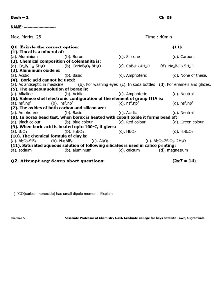 Chapter 03 2023 (25marks) | PDF | Aluminium Oxide | Physical Chemistry