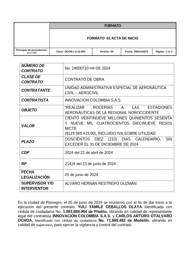Acta de Inicio Contrato de Obra 2024 | PDF