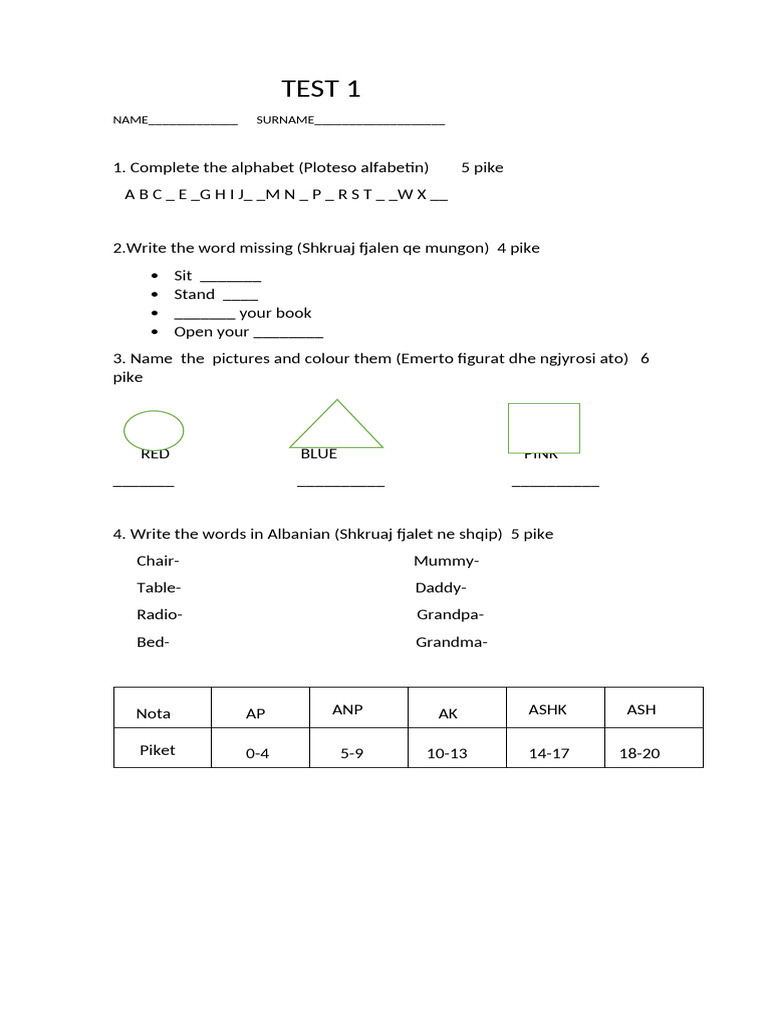 Albanian Language Test for Kids | PDF
