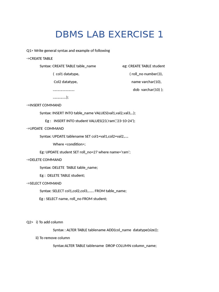 DBMS Lab Exercise 1 | PDF