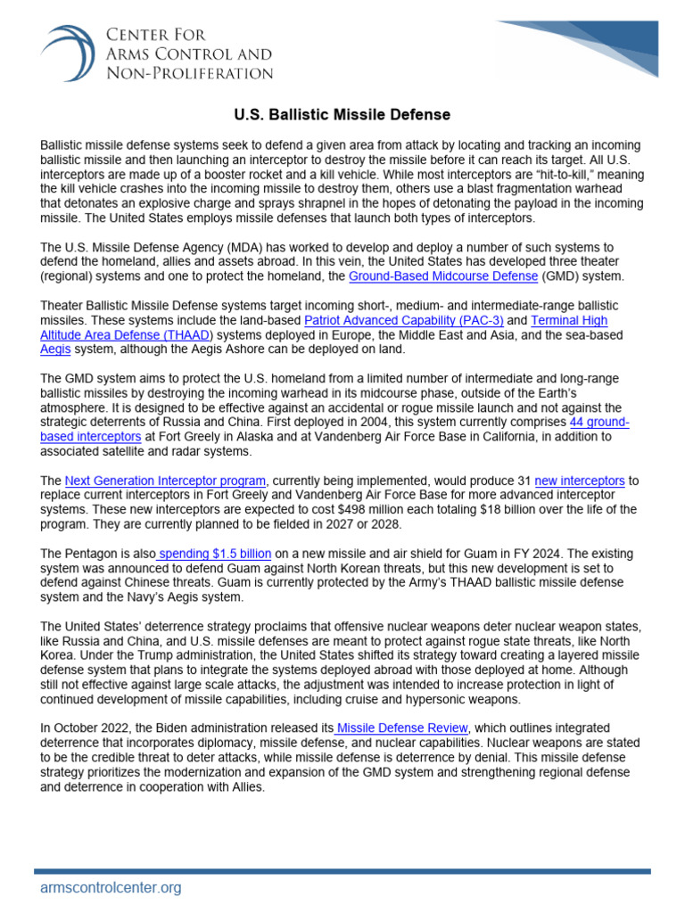 U S Ballistic Missile Defense Fact Sheet June 2023 Pdf Missile