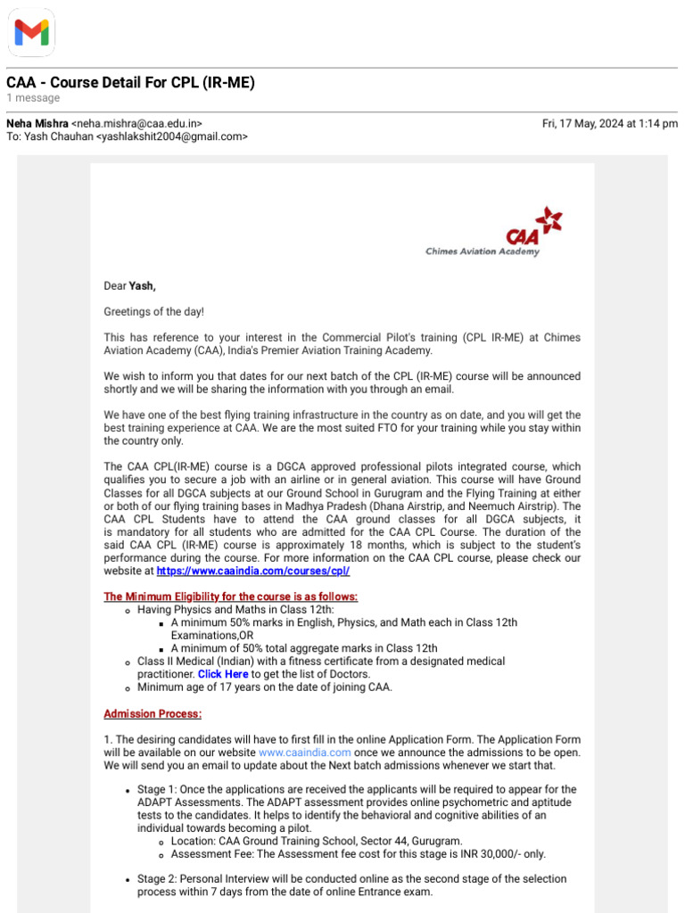 Gmail - CAA - Course Detail For CPL (IR-ME) | PDF | University And ...