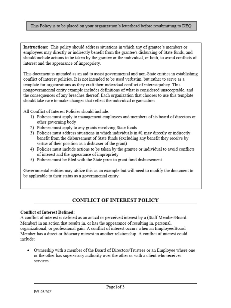 Conflict of Interest Policy Template | PDF | Employment | Conflict Of ...