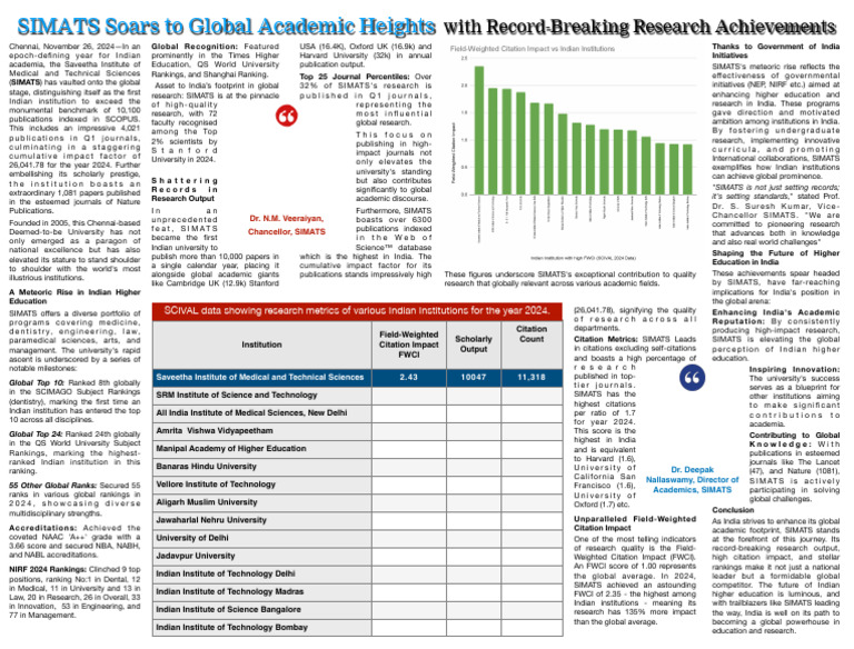 SIMATS: Record-Breaking Research Achievements | PDF | Science | Inquiry