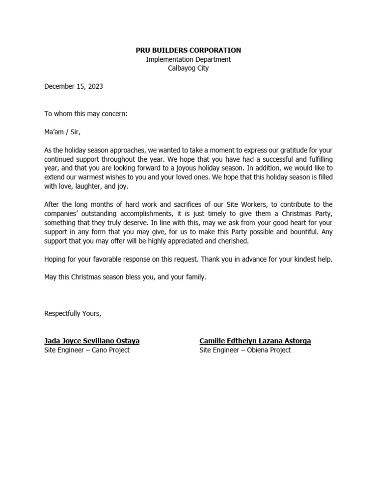 Holiday Support Request for Workers' Party | PDF