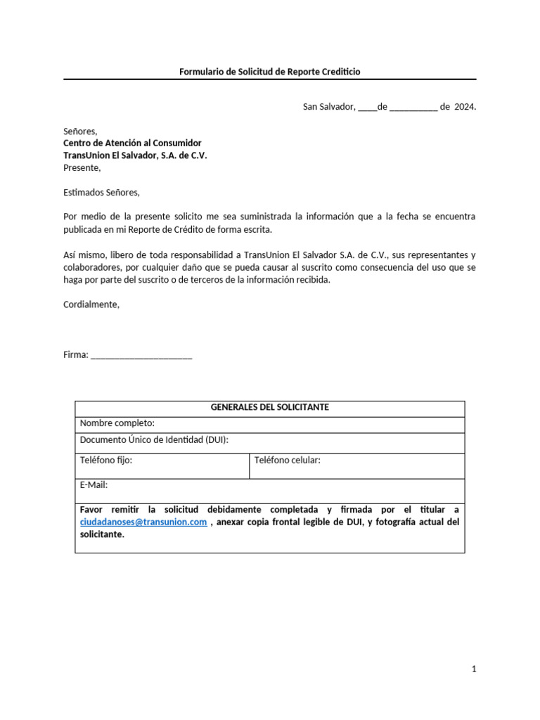 Formulario para Solicitar Reporte Crediticio TransUnion - Persona ...
