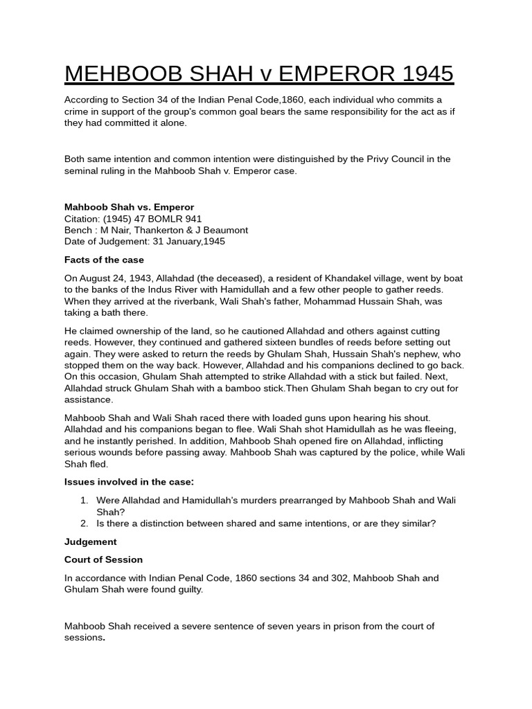 Mahboob Shah v. Emperor: Intentions Defined | PDF | Misconduct ...