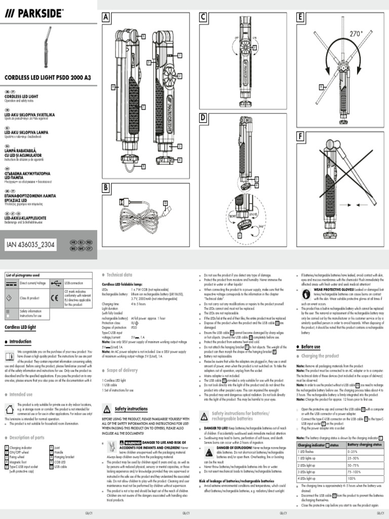 Parkside CORDLESS LED LIGHT PSDD 2000 A3 | PDF | Rechargeable Battery ...